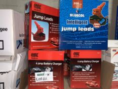 MIXED LOT INCLUDING 3 X INTELLIGENT JUMP LEAD SETS, 3 X 200AMP JUMP LEAD SETS AND 5 X 4AMP BATTERY