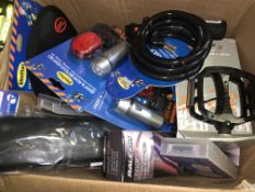 50 PIECE MIXED BIKE LOT INCLUDING CABLE LOCKS LIGHT SETS, INNER TUBES, ETC