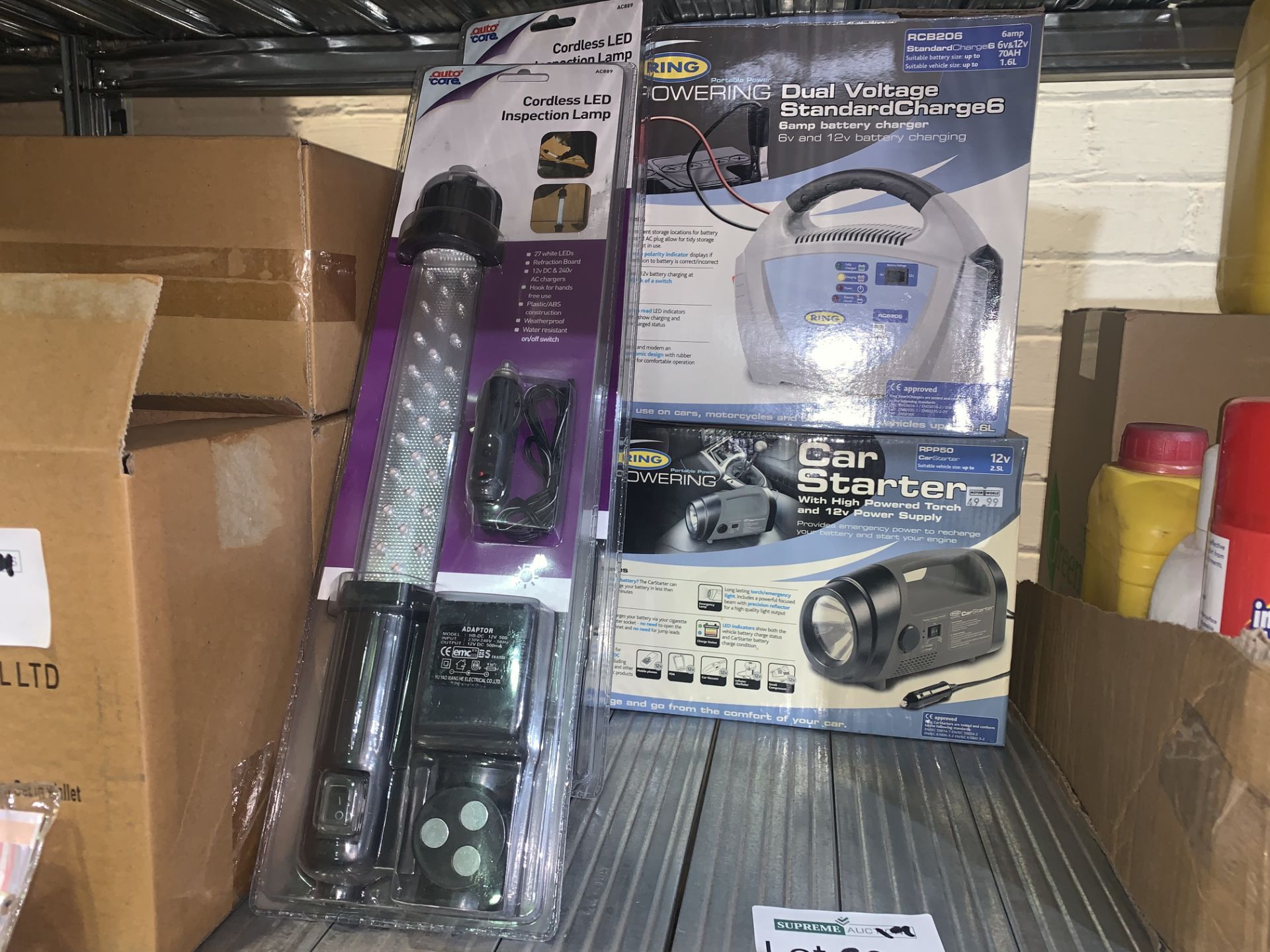 MIXED LOT INCLUDING 2 X CORDLESS LED INSPECTION LAMPS, 1 X RING DUAL VOLTAGE STANDARD CHARGE 6 AND 1