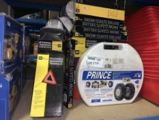 25 PIECE MIXED LOT INCLUDING AA FOLDABLE WARNING TRIANGLES, PRINCE CABLE TYRE CHAINS, SNOW AND ICE