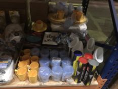 MIXED LOT CONTAINING JUGS, SHUTTLE COCKS, CUPS, PLATES, PICTURE FRAMES, ETC