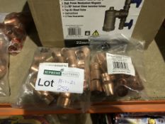 LOT CONTAINING 1 X PACK OF 10 COPPER 22-15MM FITTING REDUCER AND 1 X PACK OF 10 COPPER 22X15X15MM