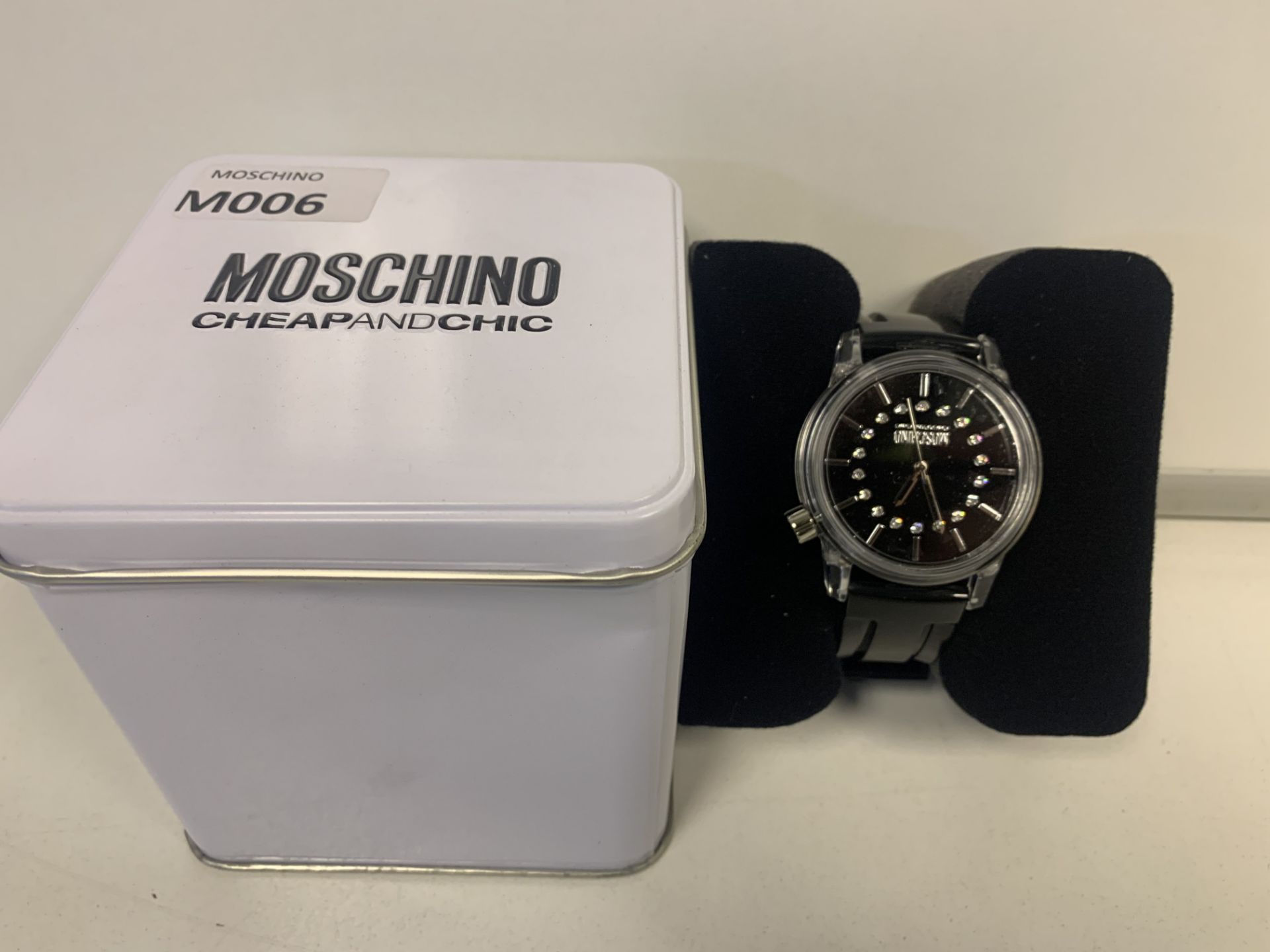 BRAND NEW RETAIL BOXED MOSCHINO WATCH WITH BLACK STRAP