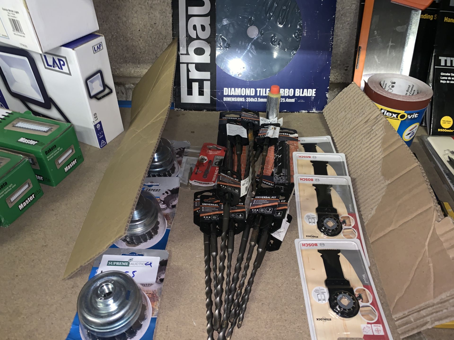 30 PIECE MIXED TOOL LOT INCLUDING ERBAUER DIAMOND TILE TURBO BLADES, DRILL BITS, METAL STRIPPERS,