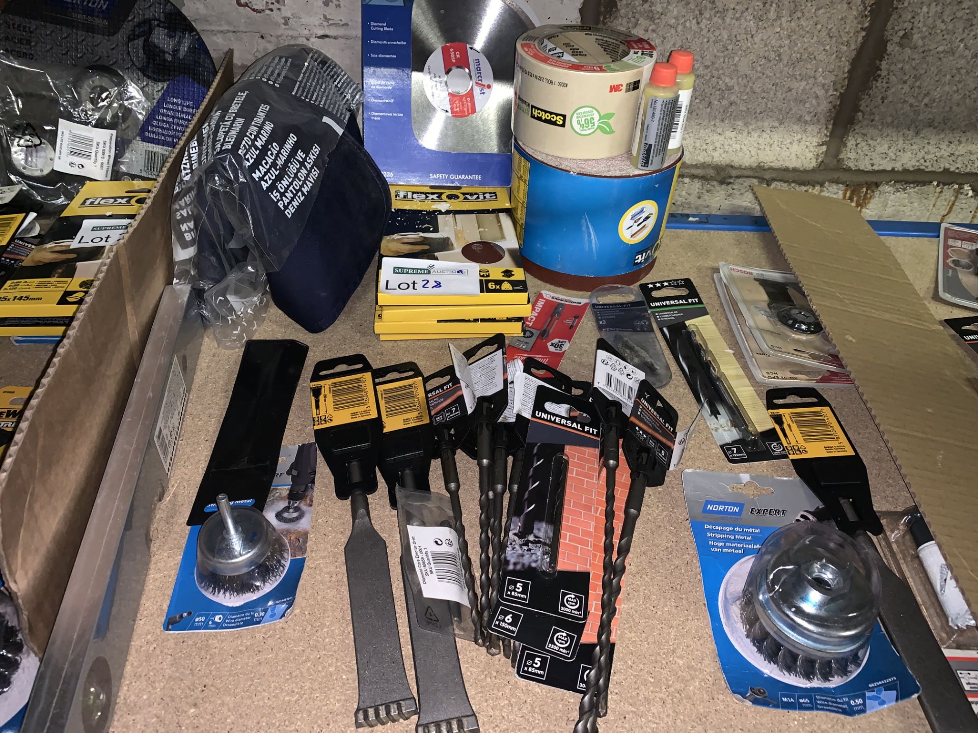 34 PIECE TOOL LOT INCLUDING DRILL BITS, SANDING SHEETS, TOOTH CHISELS ETC