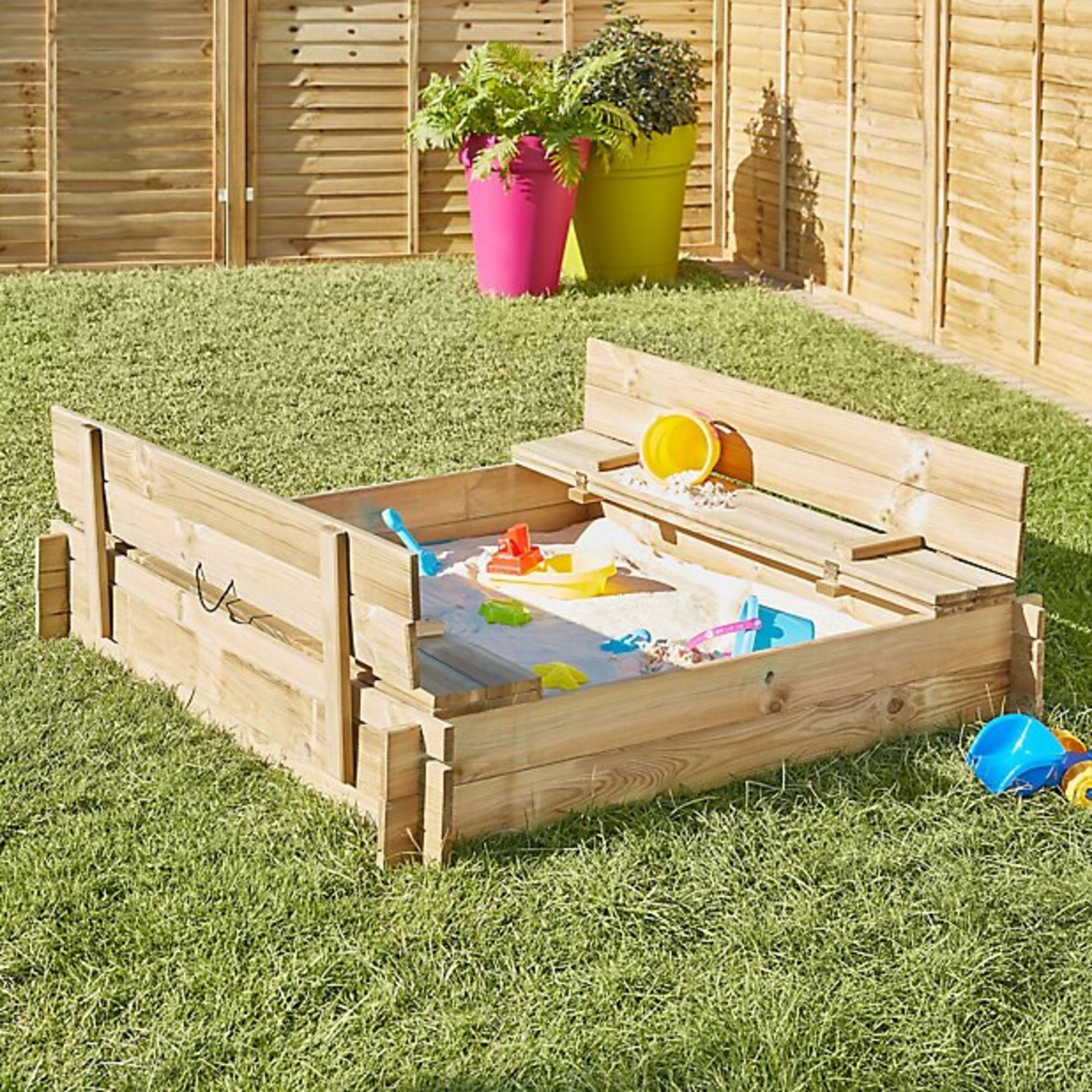 2 x NEW BLOOMA KIDS WOODEN SAND PIT BENCHES - SIZE: 120(W)x120(D)x20(H)CM.