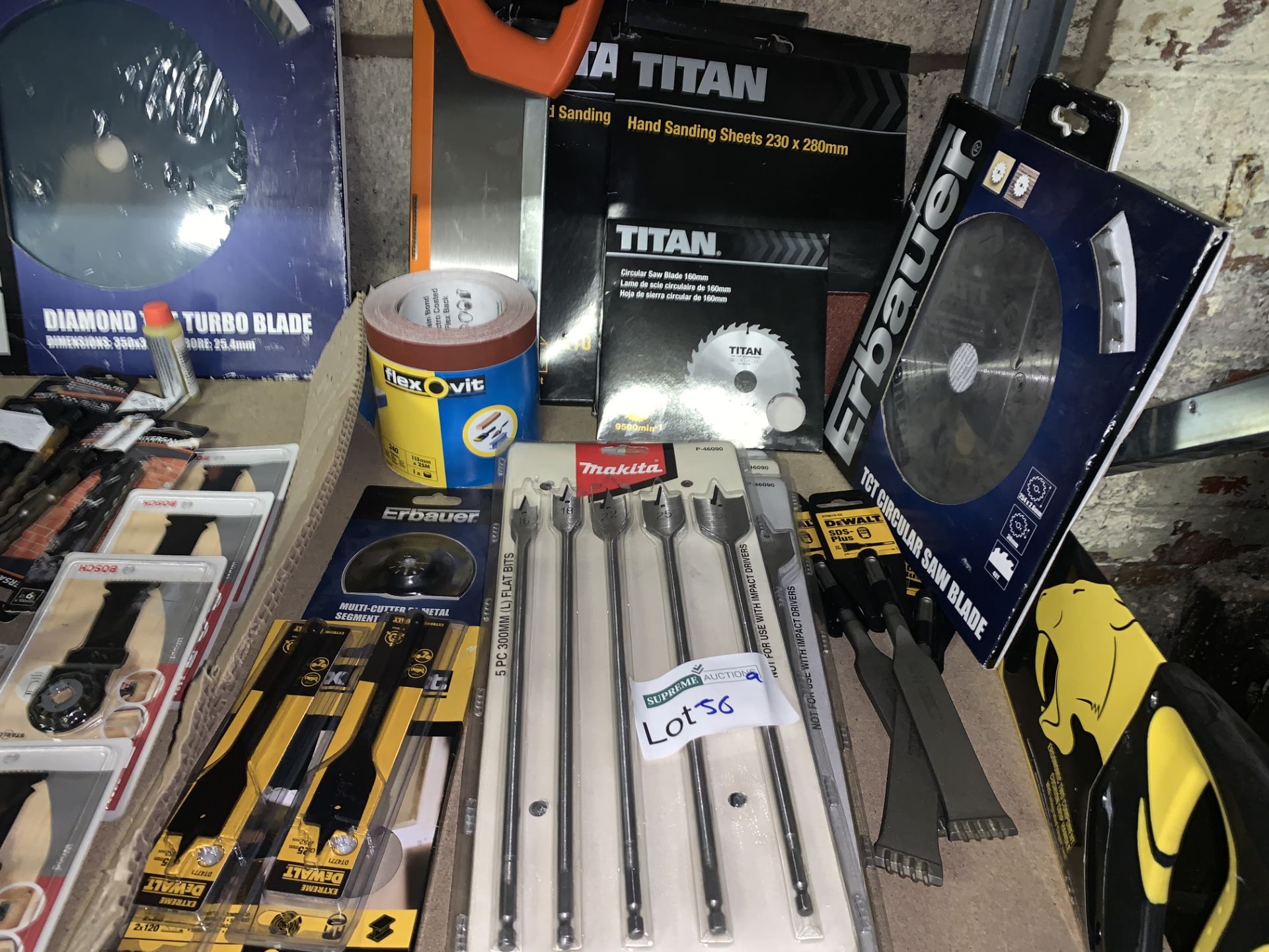 20 PIECE MIXED TOOL LOT INCLUDING ERBAUER CIRCULAR SAW BLADES, SAWS, MAKITA FLAT BITS, ETC