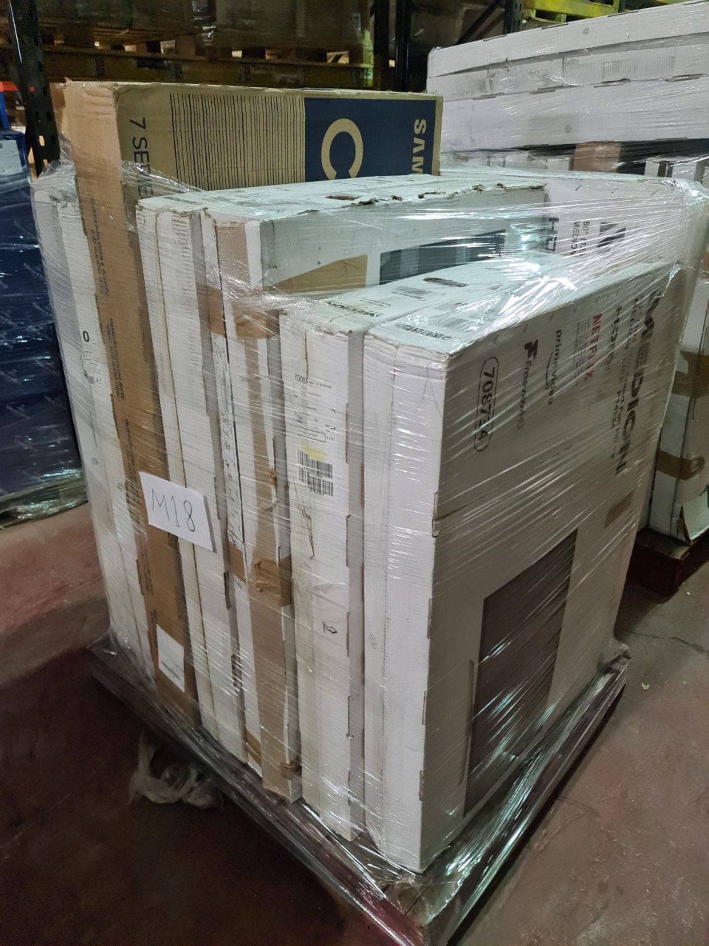 (M18) PALLET TO CONTAIN 8 x VARIOUS RETURNED TVS TO INCLUDE MEDION. SUCH AS: 43 & 50 INCH SMART FULL