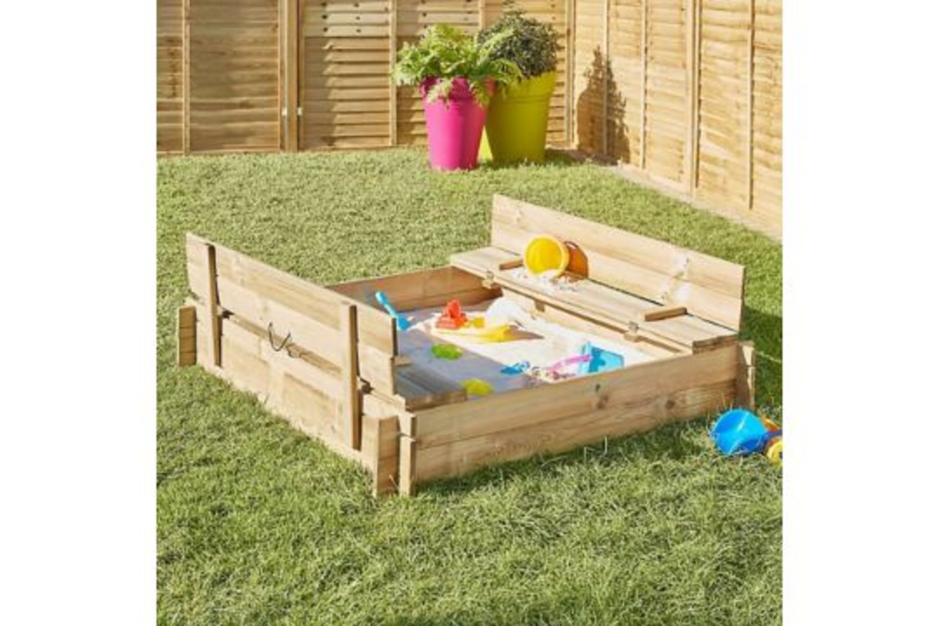 3 x NEW BLOOMA KIDS WOODEN SAND PIT BENCHES - SIZE: 120(W)x120(D)x20(H)CM.