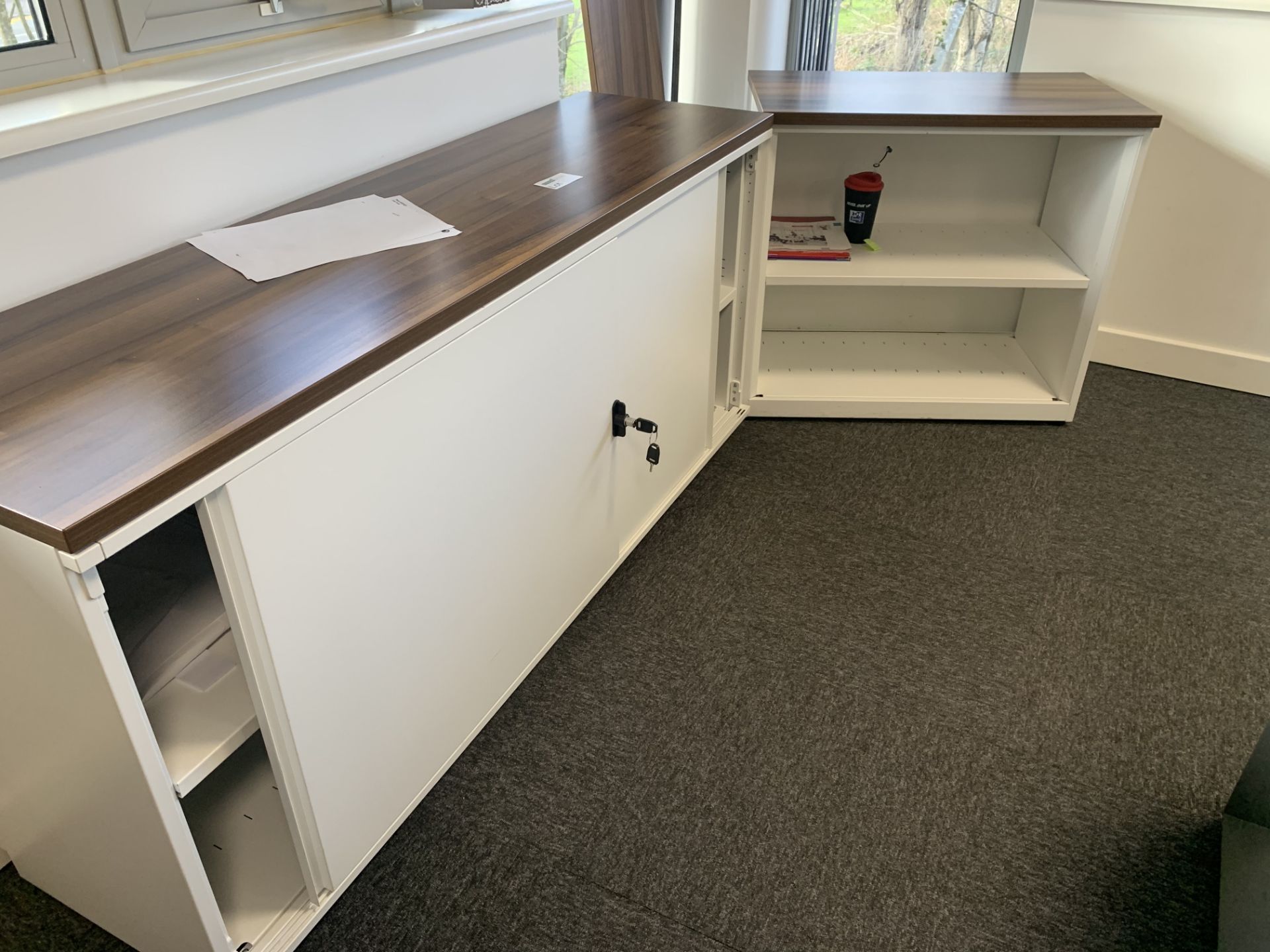 2 X WALNUT EFFECT TOP FILING CABINETS (1 LOCKABLE)