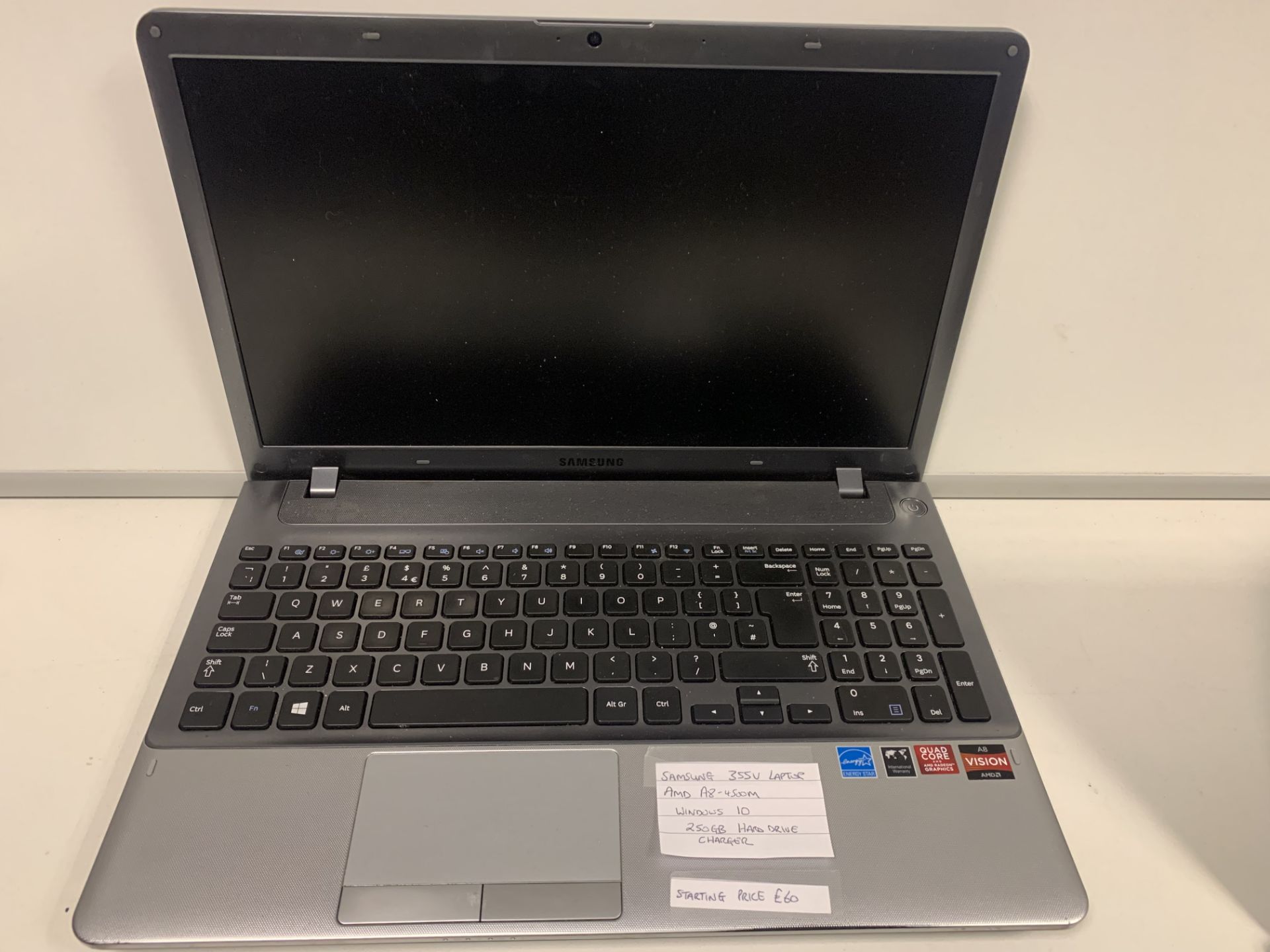 SAMSUNG 355V LAPTOP, AMD A8-4500M, WINDOWS 10, 250GB HARD DRIVE WITH CHARGER