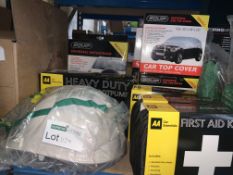 MIXED LOT INCLUDING CAR TOP COVERS, FIRST AID KITS, PUMPS, SPARE WHEEL COVER ETC