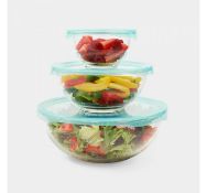 6 X BRAND NEW MULTIPURPOSE 3 GLASS BOWLS WITH LIDS (OVEN, FREEZER, MICROWAVE SAFE)