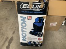 9 X EQUIP CHILD CAR SEATS IN VARIOPUS COLOURS (BOXES MAY BE DAMAGED)
