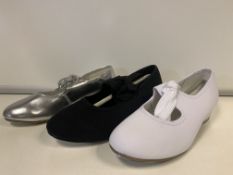 50 X CHILDRENS TAP DANCE SHOES BLACK, WHITE AND SILVER IN VARIOUS SIZES