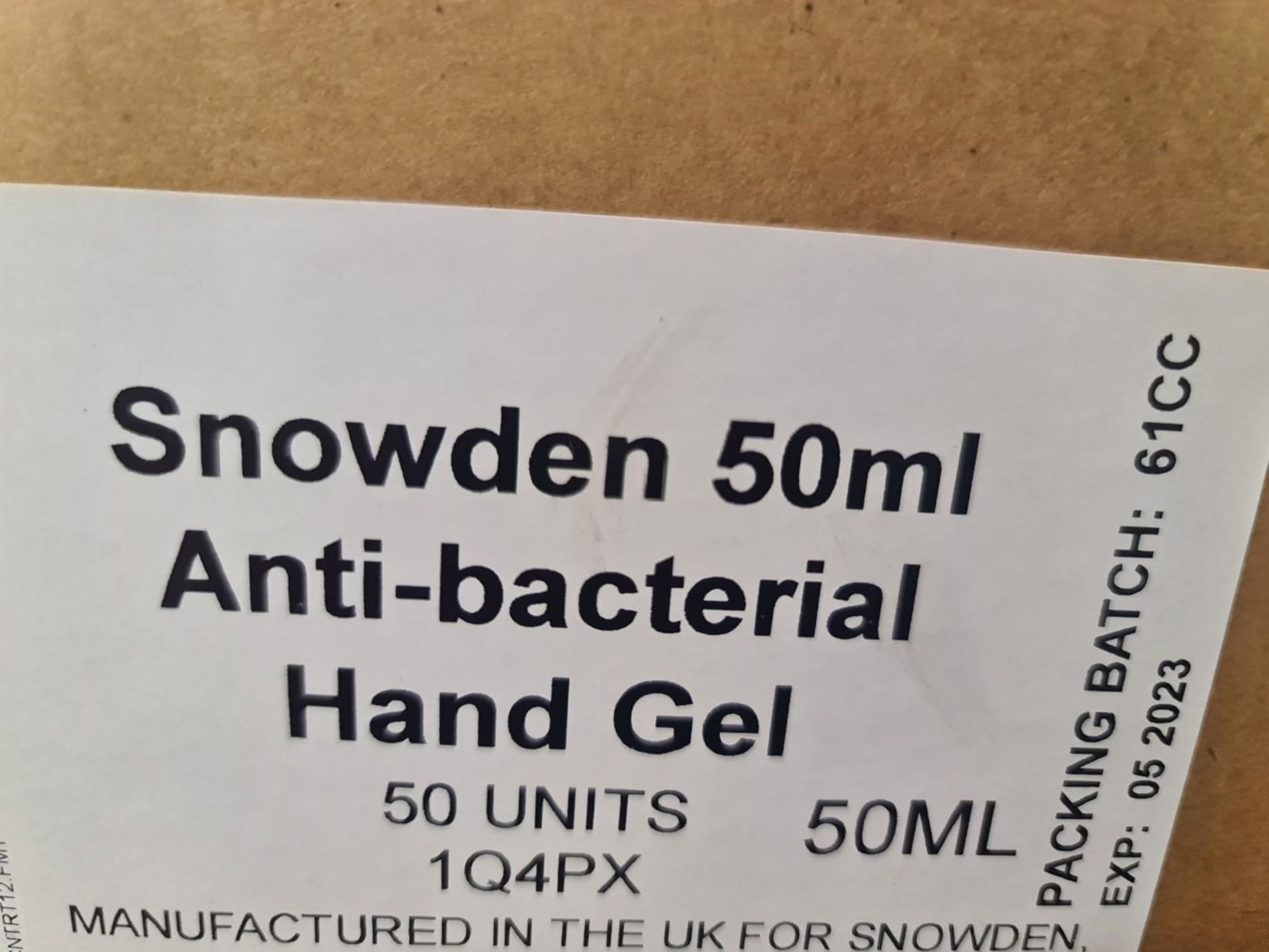 PALLET TO CONTAIN 1,500 x NEW SEALED SNOWDEN 50ML ANTI-BACTERIAL HAND GEL. CONTAINS 70% ALCOHOL. EXP - Image 3 of 3