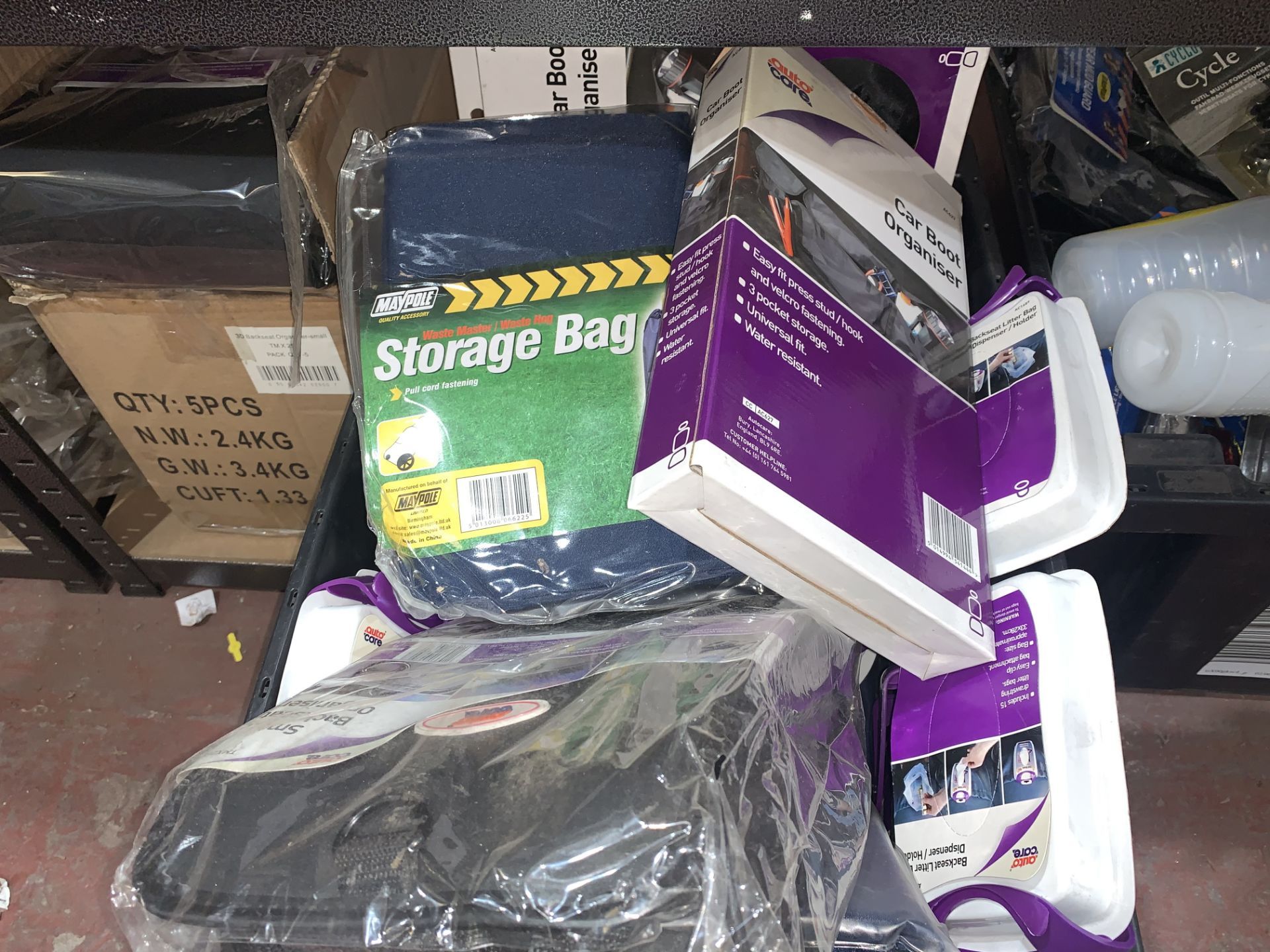 43 PIECE MIXED STORAGE LOT INCLUDING LITTER DISPENSERS, STORAGE BAGS, BACKSEAT ORGANISERS, ETC (