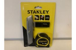 6 x NEW SEALED STANLEY 3 PIECE SETS. EACH SET INCLUDES: STANLEY KNIFE, 5M TAPE MEASURE & 13 x BLADES