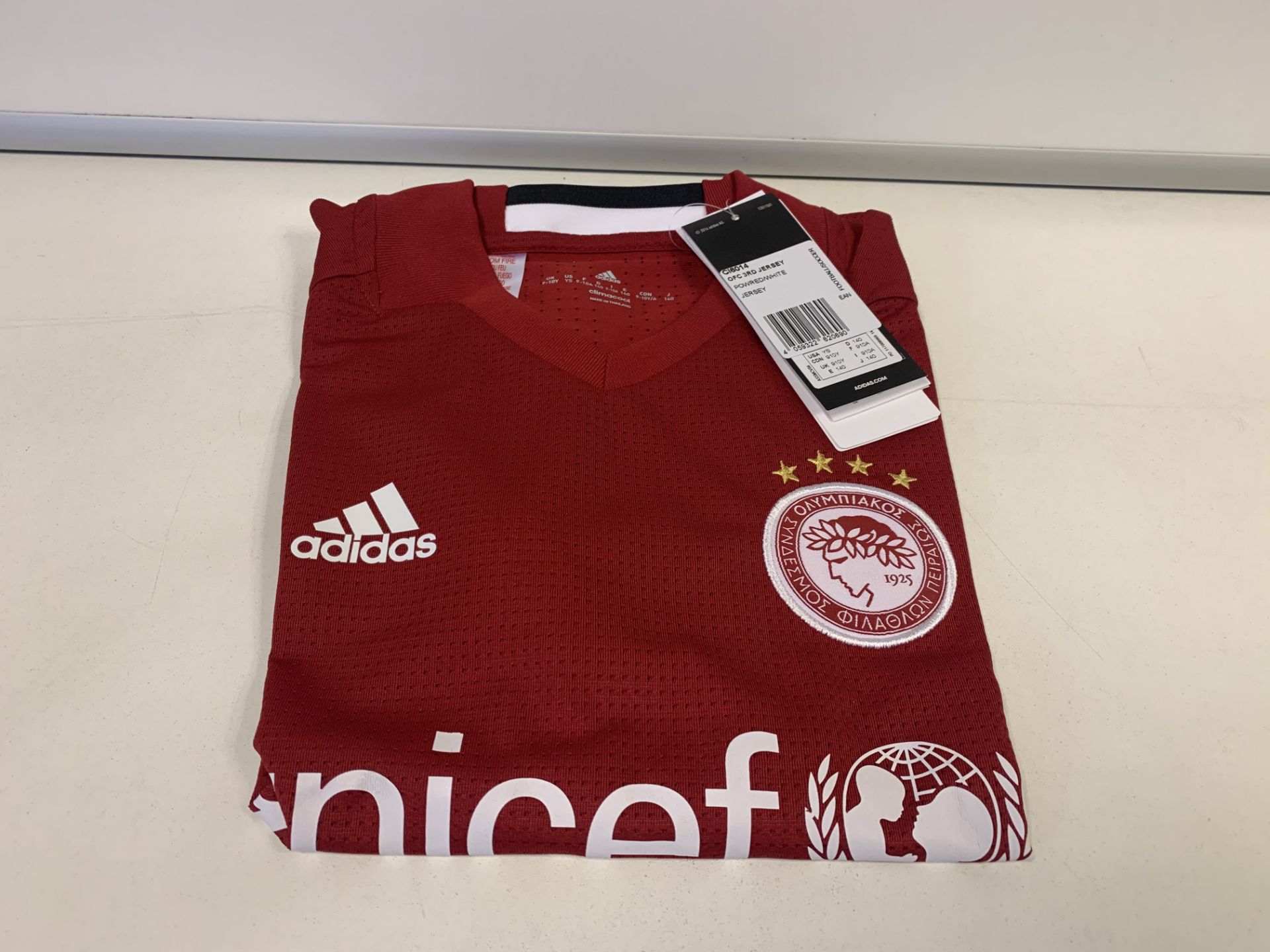 (NO VAT) 6 X BRAND NEW ADIDAS OLYMPIAKOS FOOTBALL JERSEY SIZE 9-10 YEARS