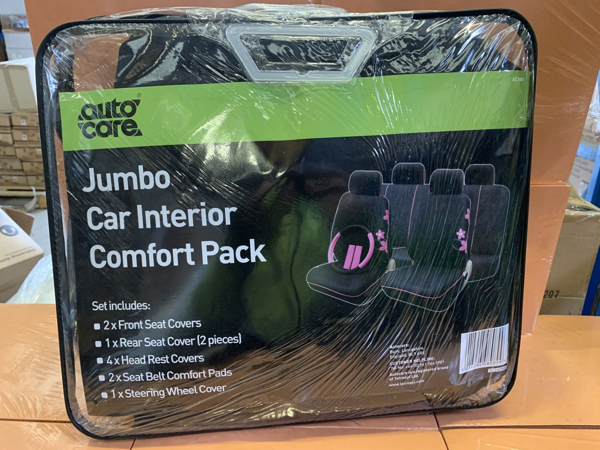 8 X BRAND NEW AUTOCARE JUMBO CAR INTERIOR COMFORT PACKS INCLUDING 2 X FRONT SEAT COVERS, 1 X REAR