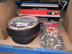 MIXED LOT INCLUDING WARNING TRIANGLES, CAR WASH KITS, HOSE CLIPS ETC