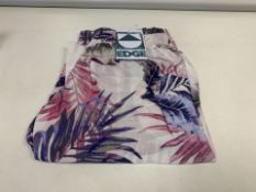 (NO VAT) 16 X BRAND NEW EDGE WHITE AND PURPLE PRINTED TROPICAL TROUSERS AGE 7-8 YEARS (1076/16)
