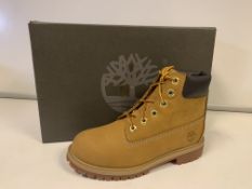 (NO VAT) 3 x NEW BOXED PAIRS OF TIMBERLAND PREMIUM WHEAT BOOTS. SIZE JUNIOR UK 4.