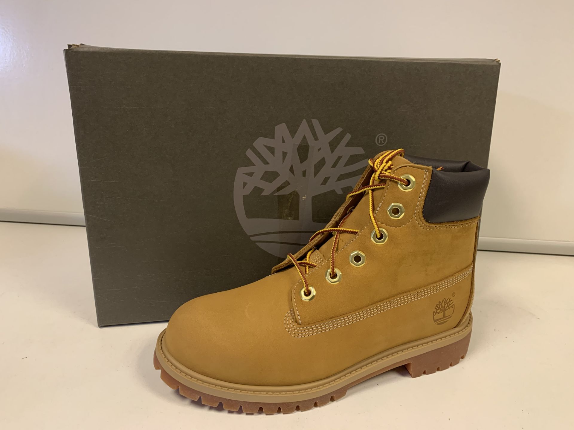 (NO VAT) 2 x NEW BOXED PAIRS OF TIMBERLAND PREMIUM WHEAT BOOTS. SIZE JUNIOR UK 4.