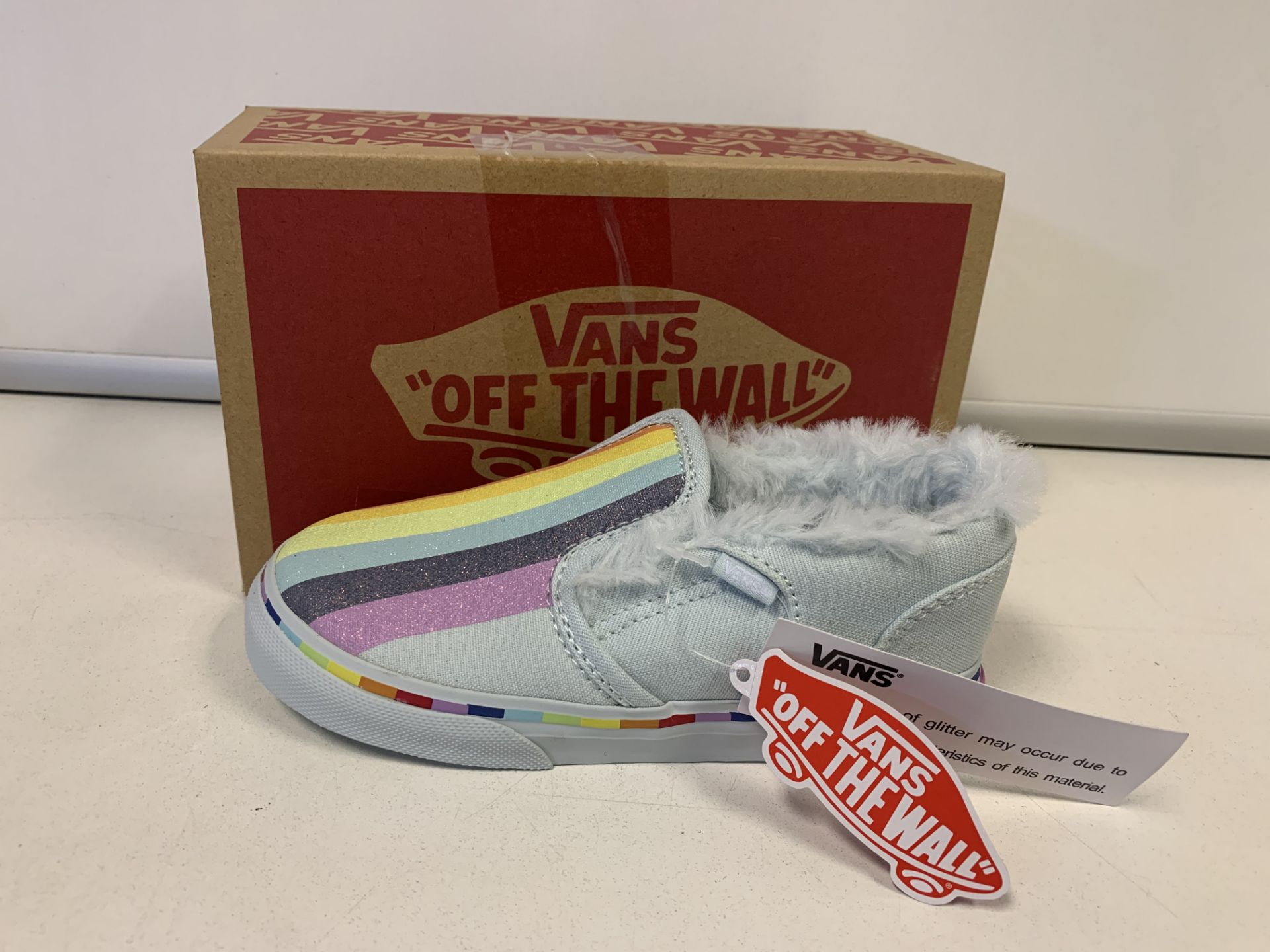 (NO VAT) 4 x NEW BOXED PAIRS OF VANS OFF THE WALL RAINBOW SHOES. SIZE INFANT 9.