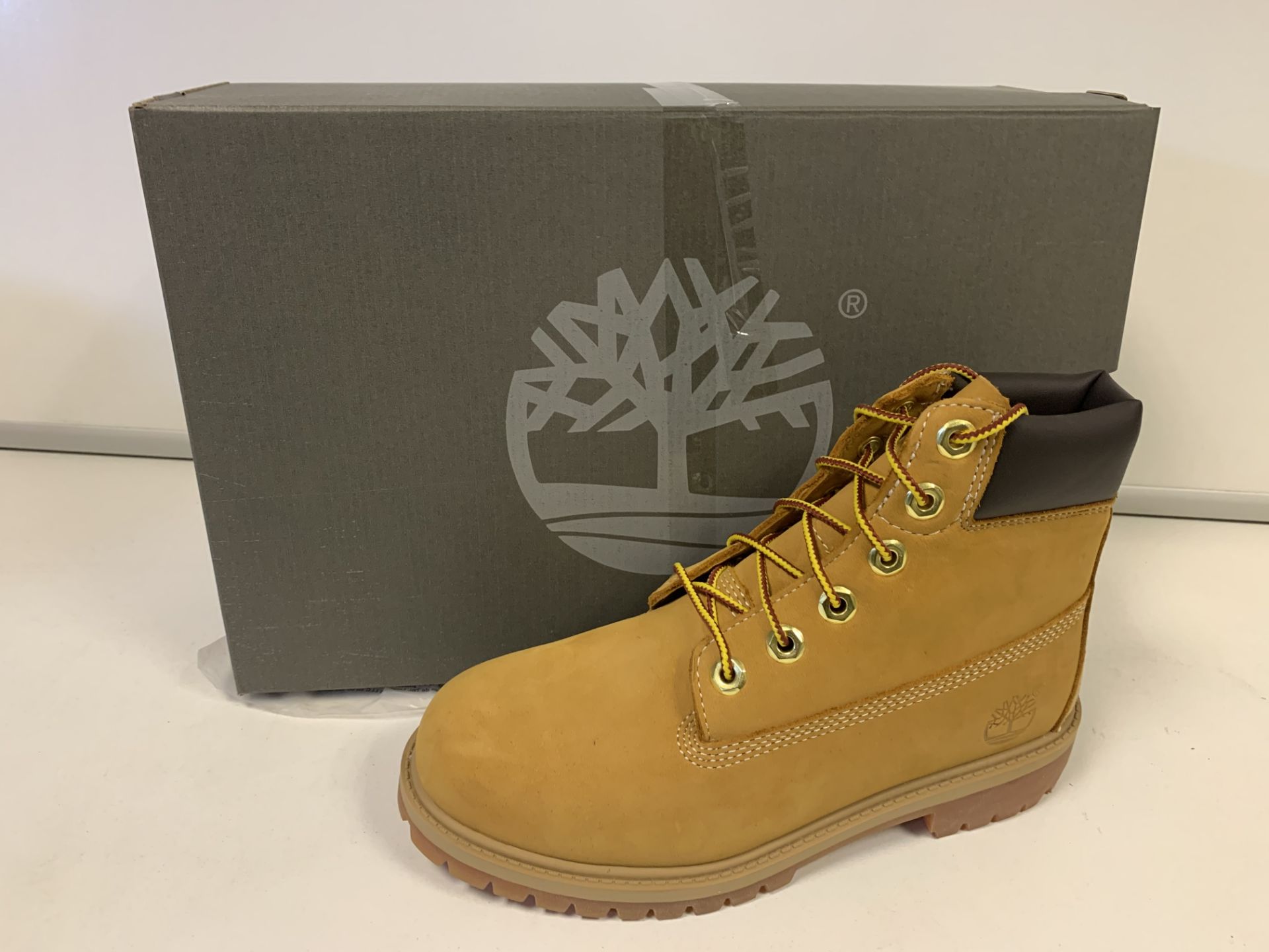 (NO VAT) 4 x NEW BOXED PAIRS OF TIMBERLAND PREMIUM WHEAT BOOTS. SIZE JUNIOR UK 4.