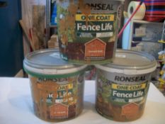 3 x Ronseal One Coat Fence Life - Harvest Gold small spillage over buckets