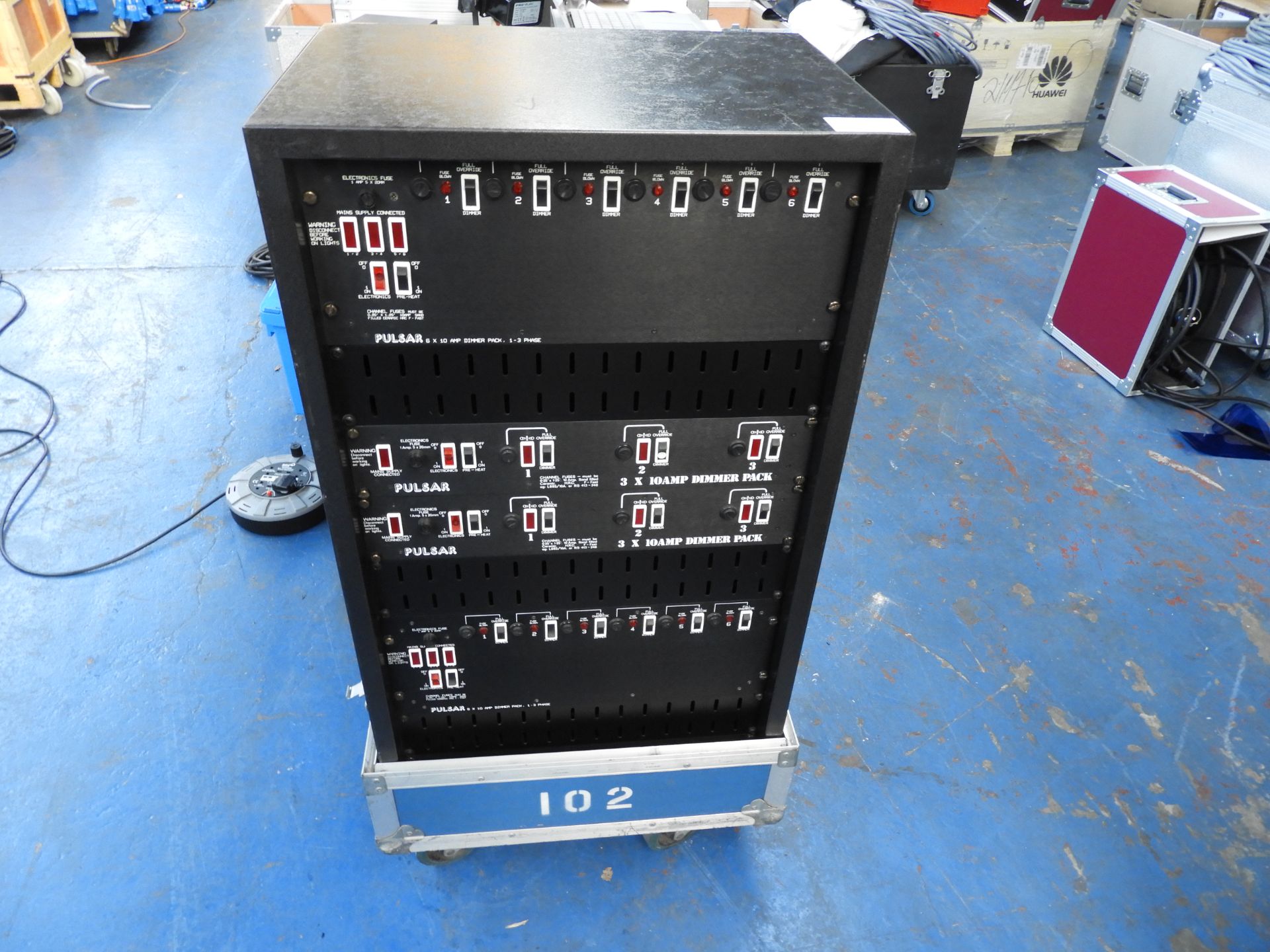 large dimmer rack containing 2 6 x 10 amp pulsar dimmer packs and 2 3 x 10 amp dimmer packs with - Image 2 of 3