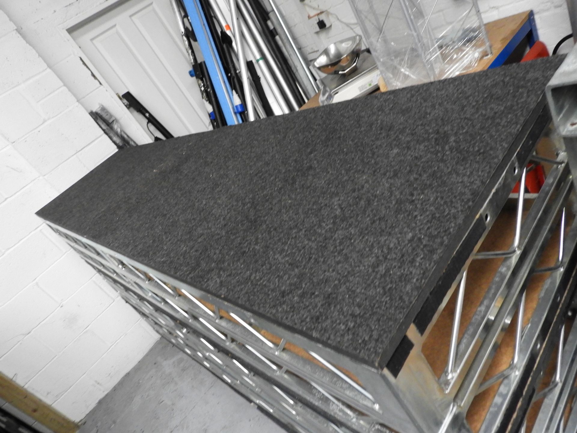Steel deck silver carpeted and sound deadened with velcro fittings for stage blacks 8' x 2'