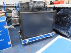 Large rear projection screen in large yellow and blue flight cases
