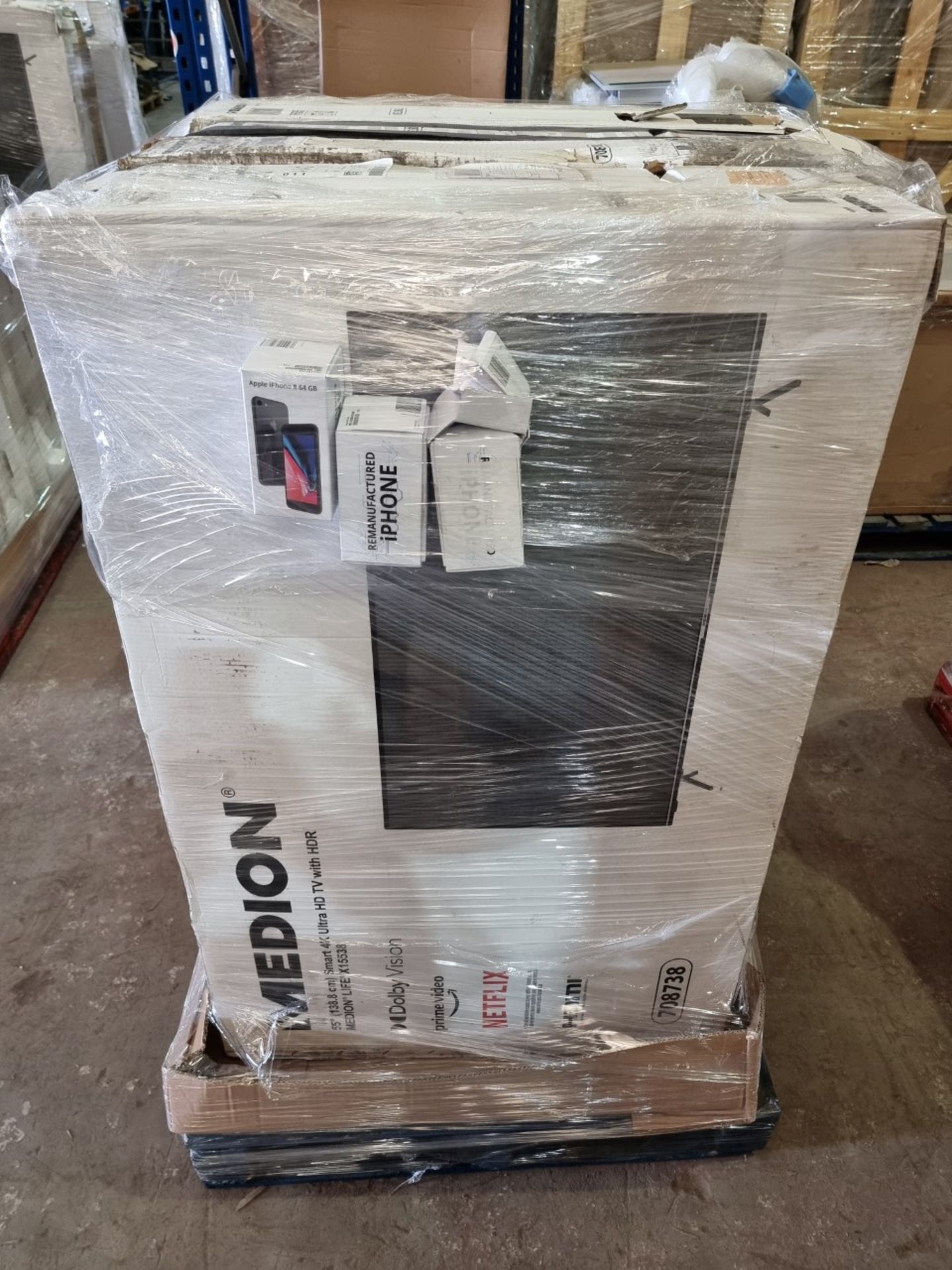 (T5) PALLET TO CONTAIN 8 x VARIOUS RETURNED ITEMS TO INCLUDE 5 TVS TO INCLUDE MEDION. SIZES INCLUCE: