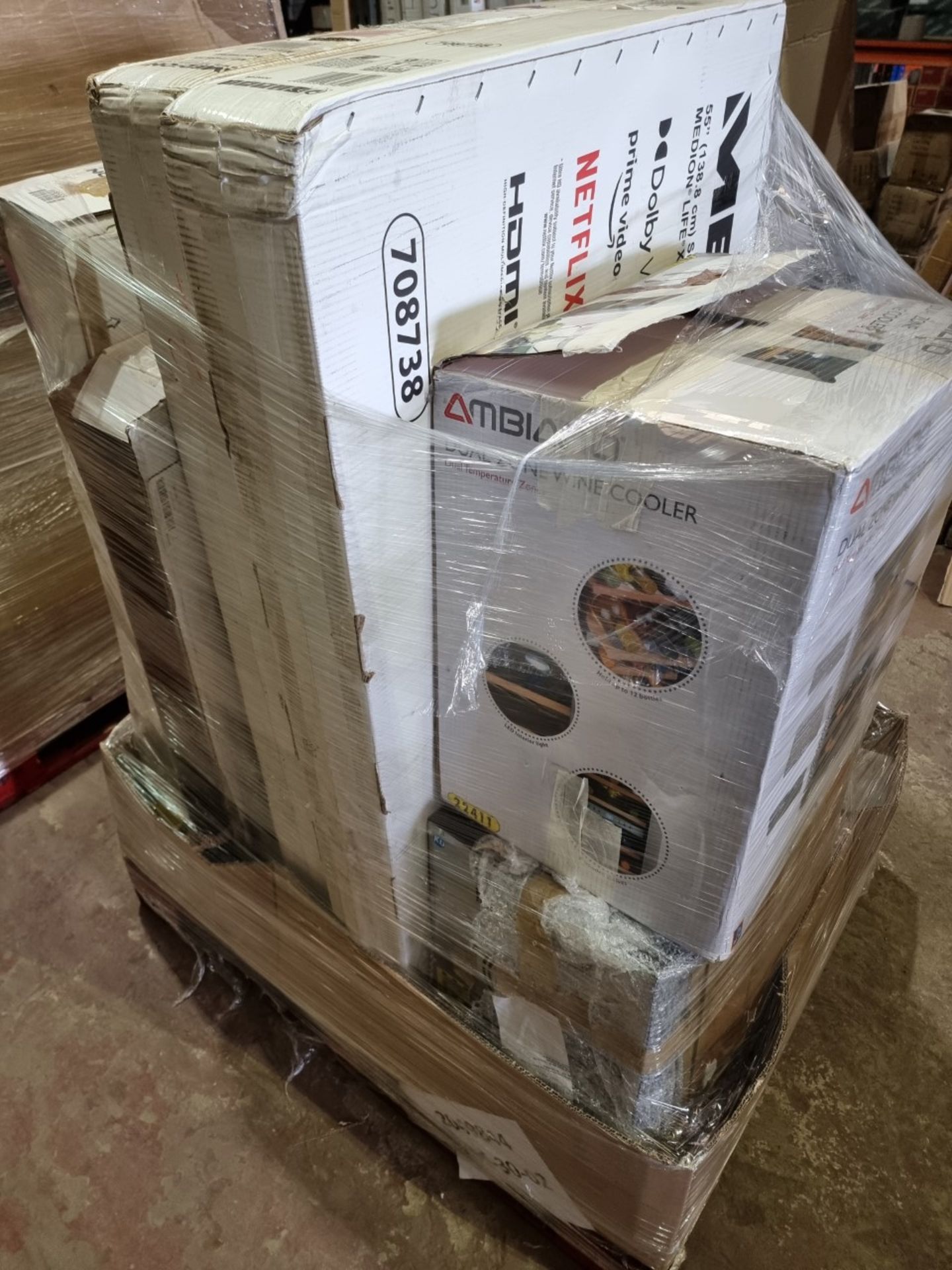 (T1) PALLET TO CONTAIN 6 x VARIOUS RETURNED ITEMS TO INCLUDE TVS, DUAL ZONE WINE COOLER TO INCLUDE