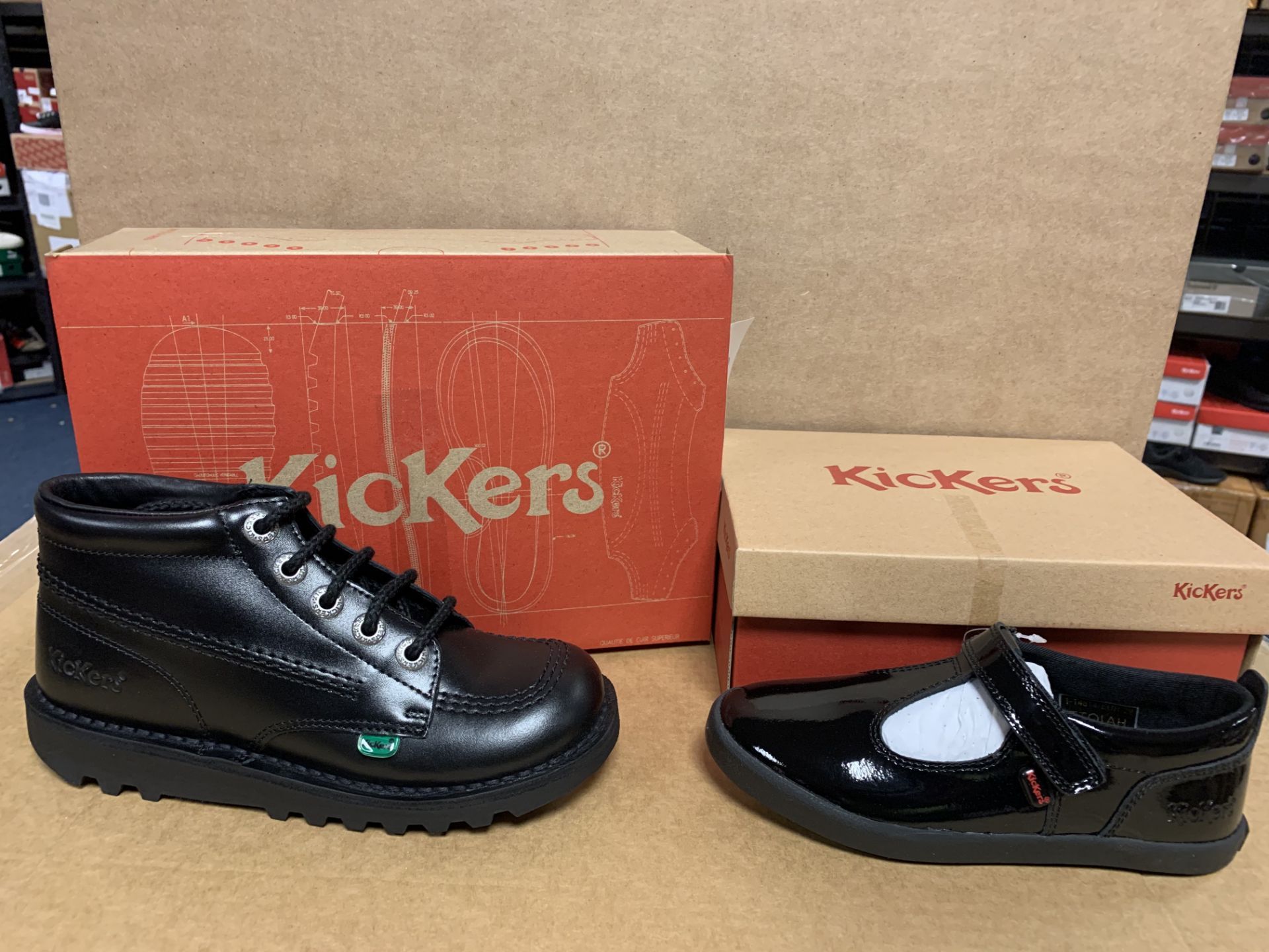 (NO VAT) 2 X BRAND NEW KICKERS KICK HI J CORE SHOES SIZE J2 AND 2 X BRAND NEW KICKERS PATENT BLACK