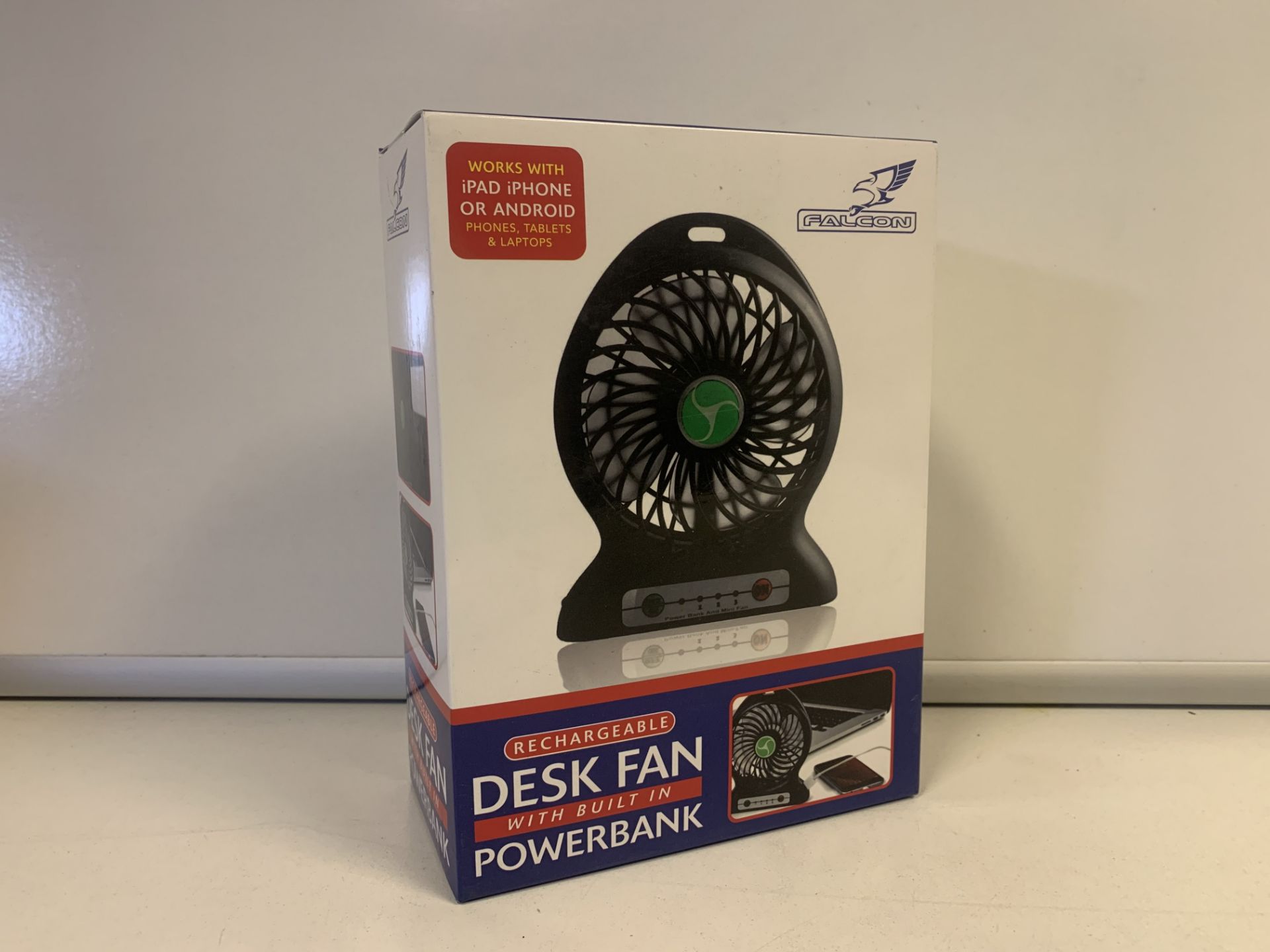 8 X BRAND NEW BOXED FALCON RECHARGEABLE DESK FANS WITH BUILT IN POWERBANK