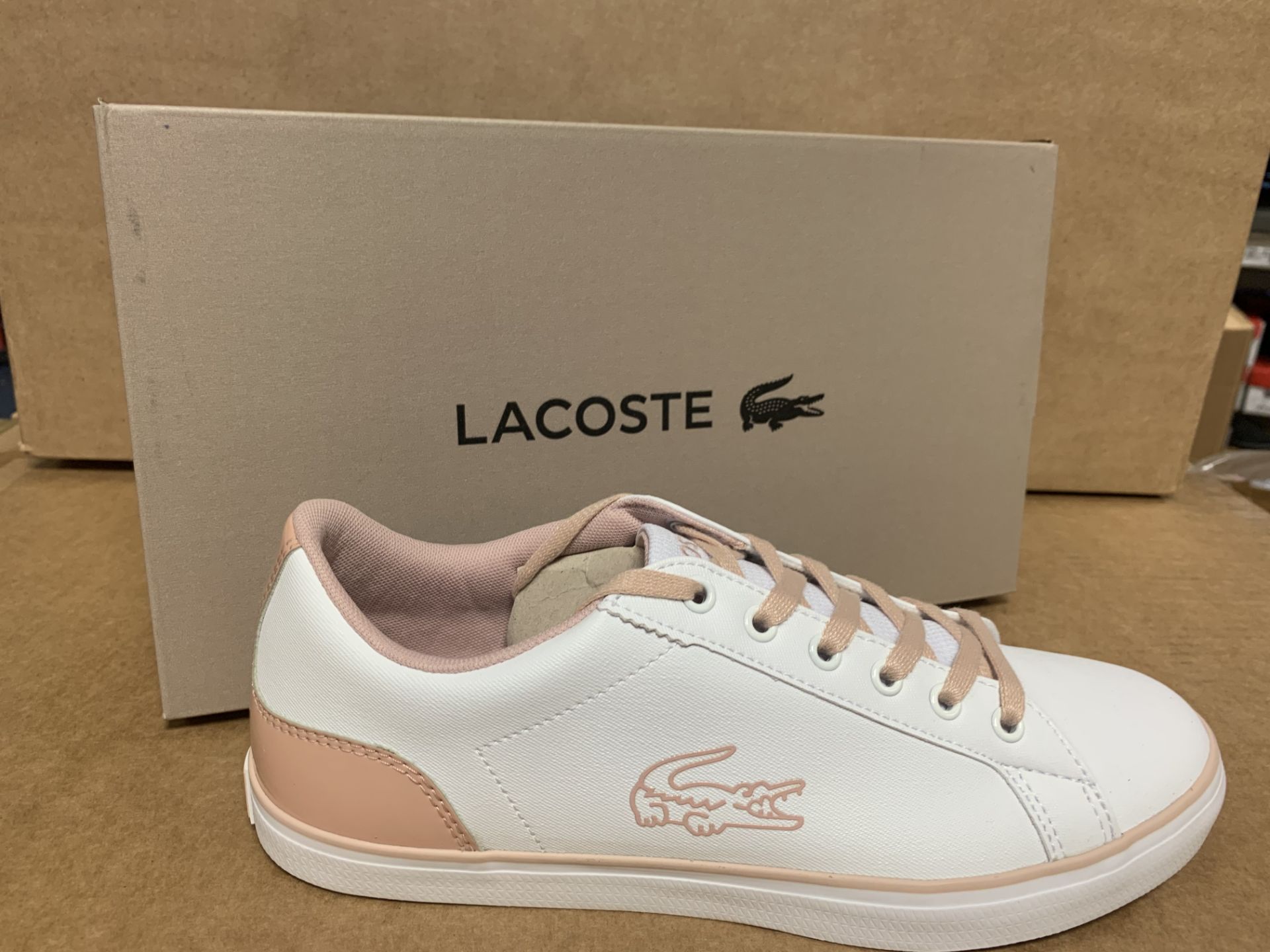 (NO VAT) 5 X BRAND NEW CHILDRENS LACOSTE WHITE AND PINK TRAINERS SIZE J5