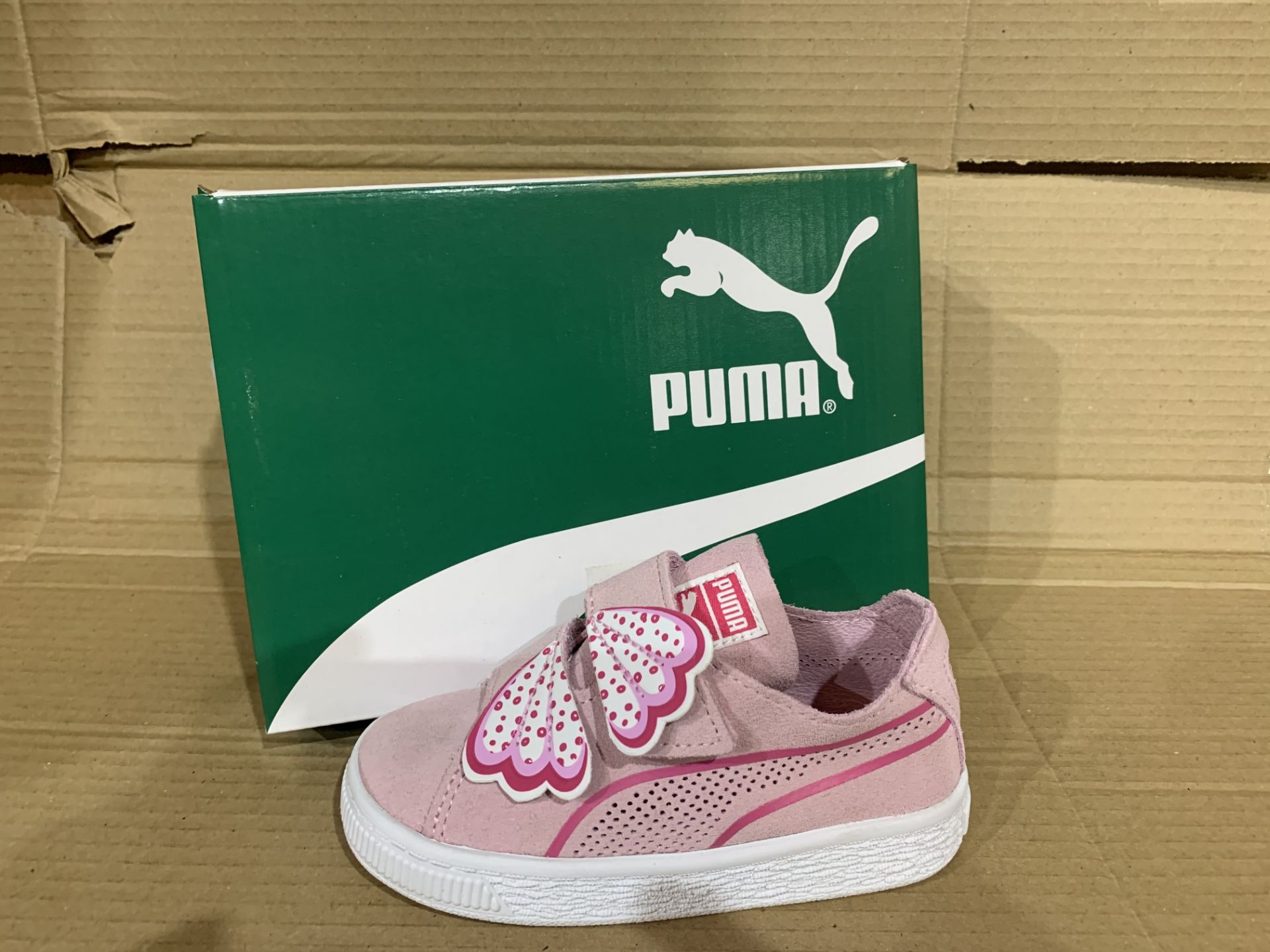 (NO VAT) 4 x NEW BOXED PAIRS OF PUMA SUEDE DECONSTR BUTTERFLY TRAINERS. SIZE UK INFANT 8