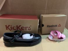 (NO VAT) 2 x NEW BOXED PAIRS OF TRAINERS TO INCLUDE KICKERS TOVNI MJ BLACK SIZE UK 6 & REEBOK WAVE