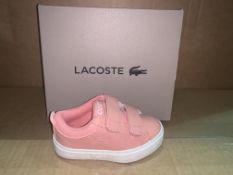 (NO VAT) 6 x NEW BOXED PAIRS OF LACOSTE CROCODILE PINK TRAINERS. SIZE INFANT 3