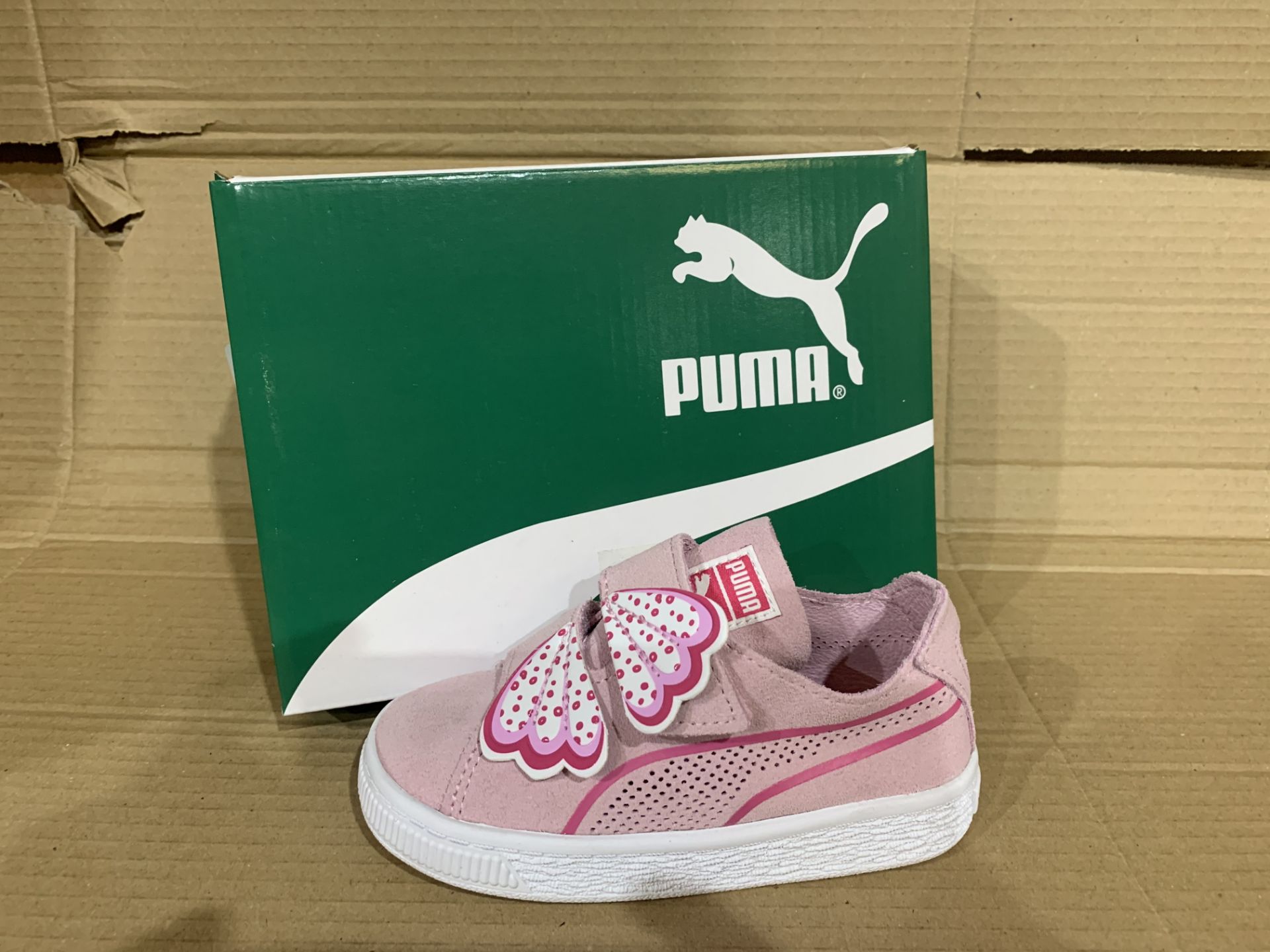 (NO VAT) 4 x NEW BOXED PAIRS OF PUMA SUEDE DECONSTR BUTTERFLY TRAINERS. SIZE UK INFANT 8