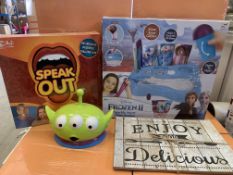 MIXED LOT INCLUDING 12 X HASBRO SPEAK OUT GAMES, 5 X TOY STORY MONEY BOXES, 24 X PACKS OF 2 WOODEN