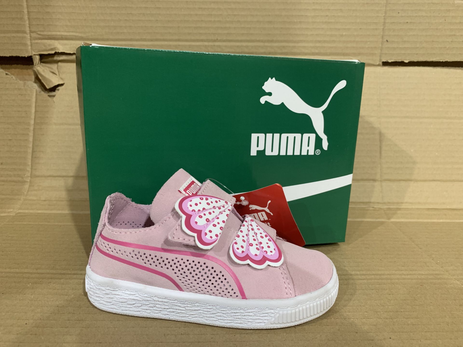 (NO VAT) 4 x NEW BOXED PAIRS OF PUMA SUEDE DECONSTR BUTTERFLY TRAINERS. SIZE INFANT 7