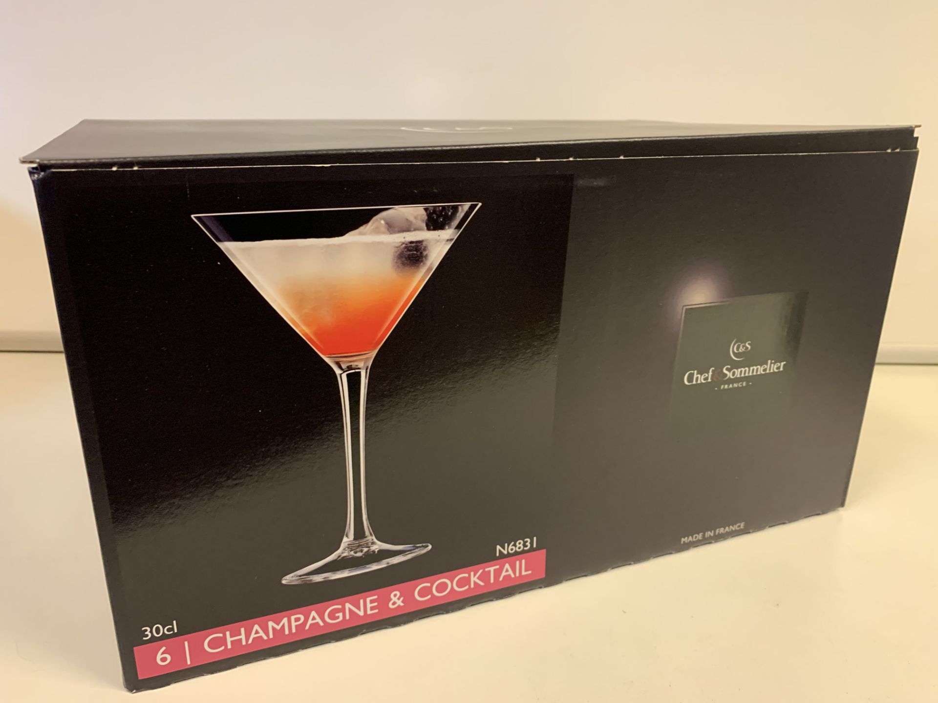 20 X BRAND NEW PACKS OF 6 RETAIL BOXED CHEF AND SOMMELLIER 30CL CHAMPAGNE AND COCKTAIL GLASSES IN 10