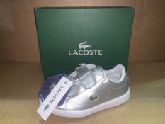 (NO VAT) 3 x NEW BOXED PAIRS OF LACOSTE CARNABY EVO TRAP SILVER TRAINERS. SIZE INFANT 7