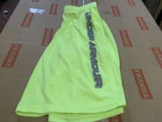 (NO VAT) 6 x NEW SEALED UNDER ARMOUR NEON YELLOW SHORTS. SIZE 13-14 YEARS