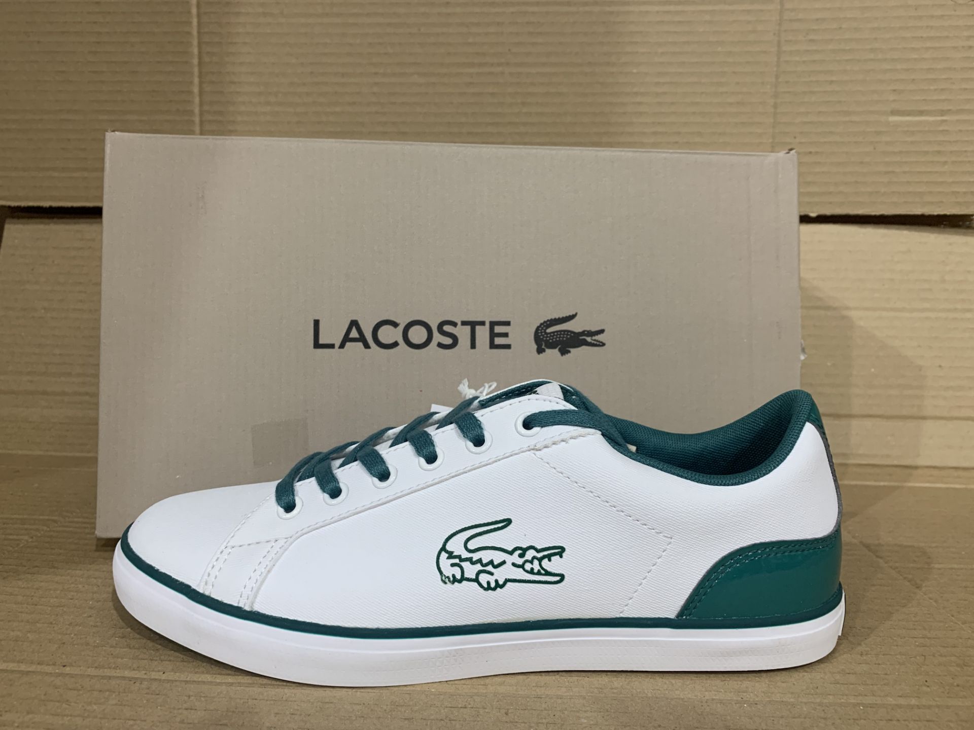 (NO VAT) 2 x NEW BOXED PAIRS OF LACOSTE ORTHOLITE LARGE CROC TRAINERS. SIZE UK 5