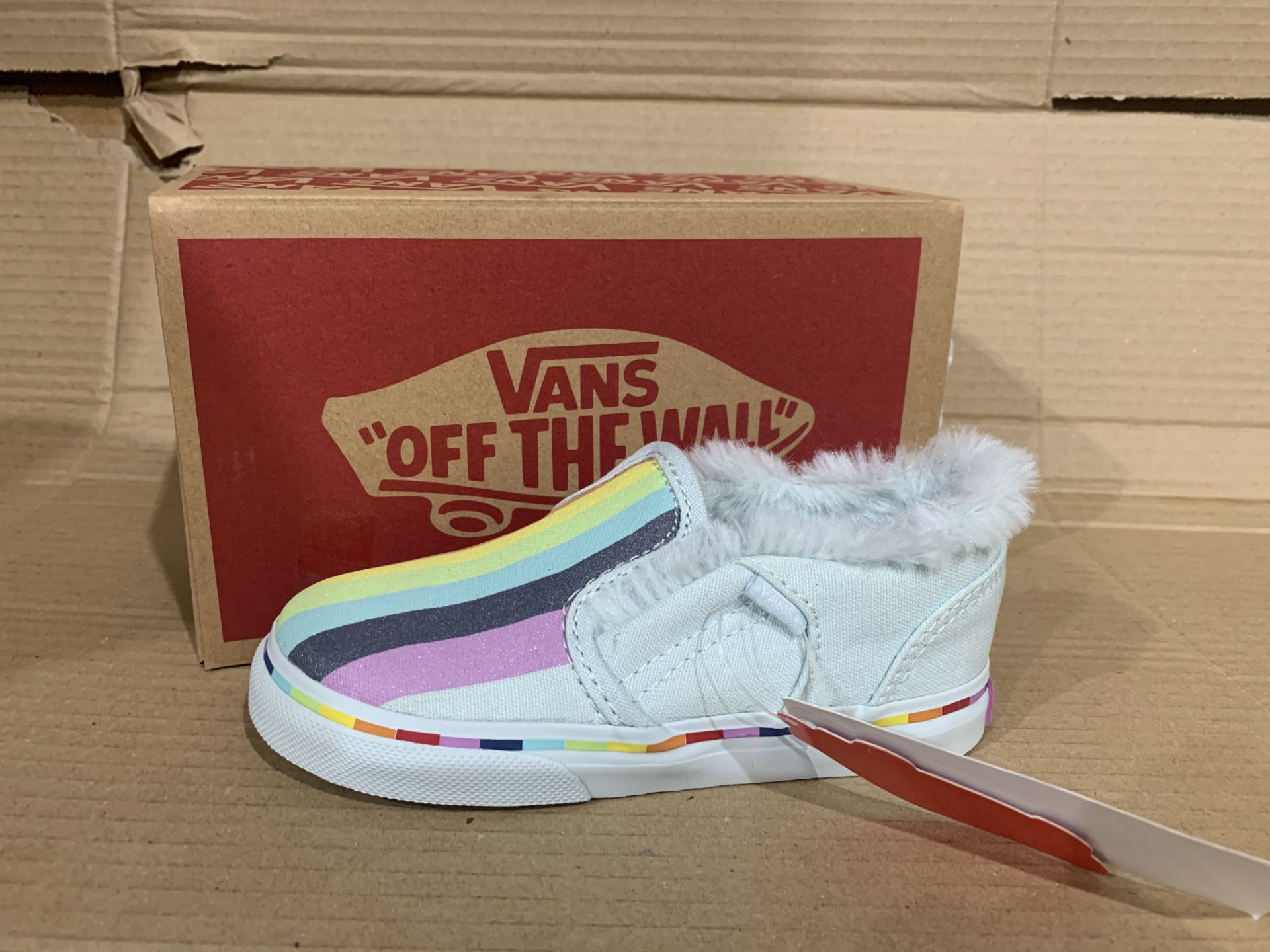 (NO VAT) 4 x NEW BOXED PAIRS OF VANS ASHER V CLOUD RAINBOW SHOES. SIZE UK INFANT 8